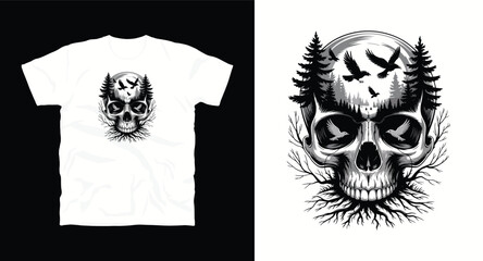 Fototapeta premium Skull with Pine Trees and Flying Birds Vector Graphic Forest Design Spooky Skeleton Art Illustration Silhouette Landscape Death Symbol Halloween Tattoo Artwork