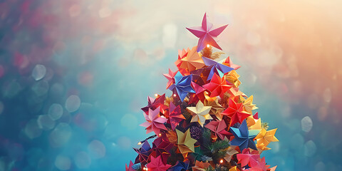 Vibrant origami stars adorn festive Christmas tree branches