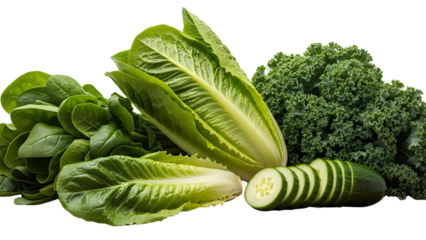 Healthy green leafy vegetables including kale, spinach, romaine lettuce, cucumber on a transparent background