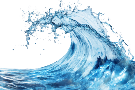 Water wave splashing upward in beautiful translucent blue on a clear background showing fluid motion and energy