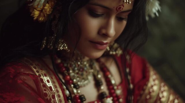 A woman wearing a red dress and gold earrings. She has a gold nose ring and a gold headpiece