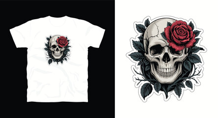 Skull with Rose Illustration Design Isolated on White Floral Ornament Decoration Botanical Tattoo Skeleton Human Print Gothic Creepy Death Dead
