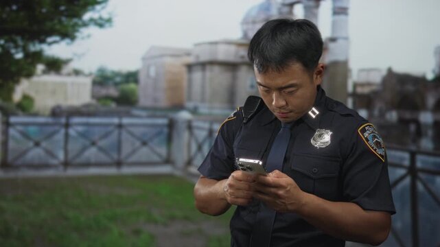 Man in police uniform standing outdoors beside a stone building reads smartphone with concentrated gaze and visible hands on device under natural daylight; focus.