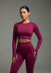Confident and stylish young woman showcasing vibrant burgundy athletic wear in a clean studio setting, perfect for promoting fitness, active lifestyles, and modern fashion campaigns
