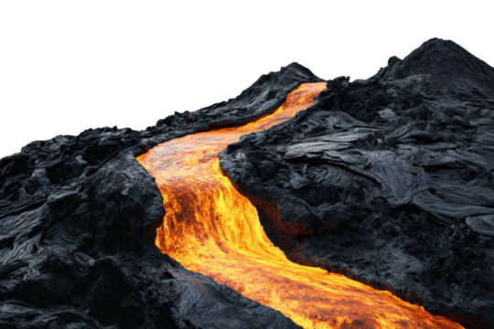 Lava river flows through dark volcanic landscape, creating a striking contrast of fire and rock in a natural wonder