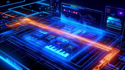 3D render of a futuristic digital dashboard displaying vibrant graphic charts and glowing neon interfaces, symbolizing advanced technology, big data analytics and digital transformation. - Powered by Adobe