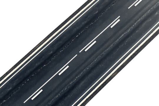 Aerial view showcasing an empty asphalt highway with clear lines and markings stretching into the distance under a bright blue sky during midday