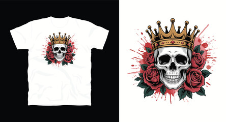 Skull Wearing Golden Crown with Roses Illustration Graphic Tattoo Style Design for Apparel Print Detailed Death Concept