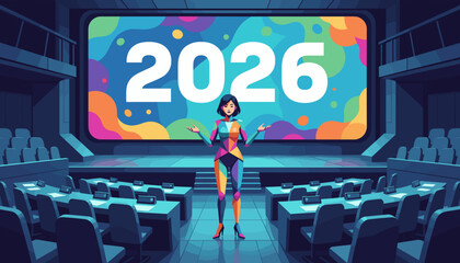 Speaker presenting the 2026 financial forecast in a futuristic conference hall illustration