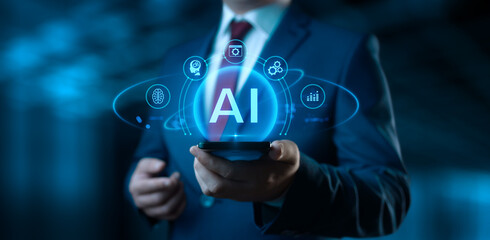 Businessman Holding smartphone with AI Artificial Intelligence Icons on Screen