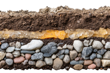 Detailed cross section of soil layers showcasing different materials and structures found beneath the earth's surface
