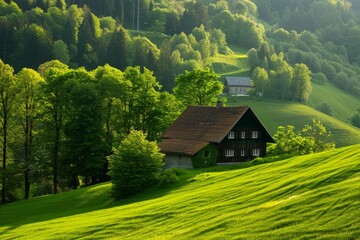 Traditional wooden farmhouse sits peacefully amidst lush green hills, bathed in warm sunlight, creating a serene rural landscape