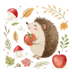 Happy hedgehog holding an apple surrounded by autumn leaves and mushrooms  