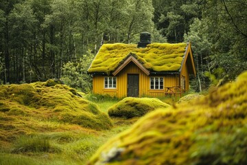 Charming yellow wooden cabin nestled in a tranquil forest, featuring a vibrant moss covered roof, creating a picturesque scene of nature's harmony