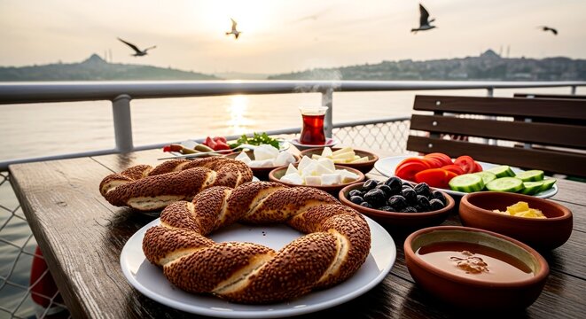 Traditional Turkish breakfast spread with tea by the river - Powered by Adobe