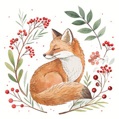 Fox resting among red berries and green leaves in watercolor style  