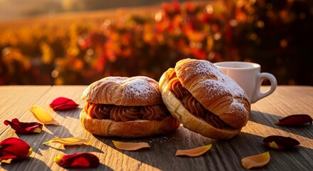Fresh baked pastries with coffee on wooden table in autumn setting  