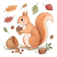 Cute squirrel holding acorn surrounded by autumn leaves  