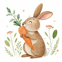 Happy rabbit holding a carrot among colorful flowers and greenery  