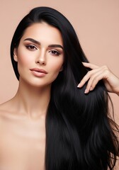 A captivating studio portrait showcasing a beautiful young woman with long, dark, incredibly healthy, and lustrous hair, embodying elegance and natural allure