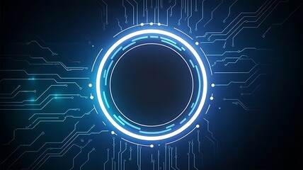 Neon light blue circle portal with electronics elements and wires are on a futuristic technology circuit board. Technology sky-fi background. Round glowing HUD with space for text.