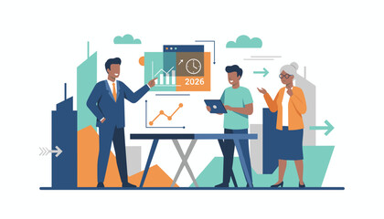 Obraz premium Diverse business team planning for 2026 growth using charts and analytics
