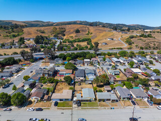 Historic residential buildings aerial view on 6th Street in historic town center of San Juan...