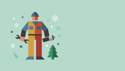 Flat geometric worker illustration with tools hard hat and winter snowflakes Industry service background
