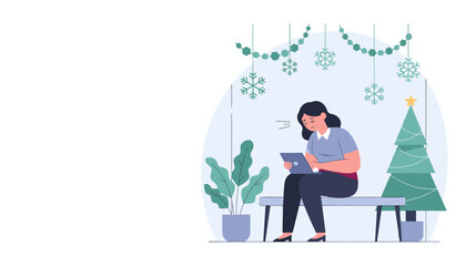 Stressed woman working on a tablet during the holidays experiencing seasonal burnout or overload