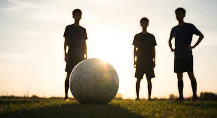 Silhouettes of three young friends standing on a grassy soccer field with a ball at sunset.