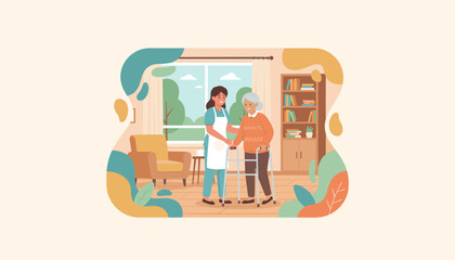 Caregiver assists smiling senior woman with a walker in a comfortable home setting