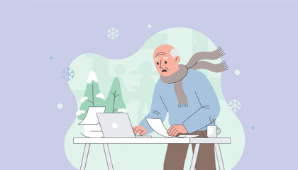 Senior man working worriedly on billsfinance using laptop in cold environment Winter financial stress concept