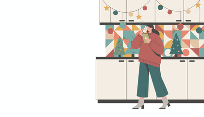 Woman on phone holding tablet in modern holiday decorated kitchen Digital Christmas communication