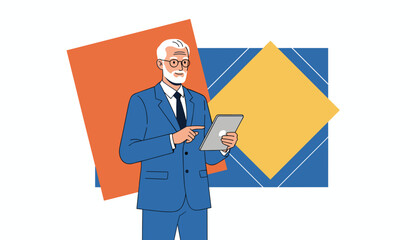 Elderly professional using a tablet for business management and technology