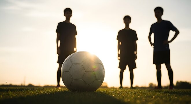 Silhouettes of three young friends standing on a grassy soccer field with a ball at sunset.