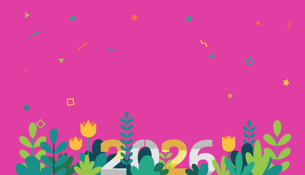 Vibrant 2026 illustration with plants confetti and pink background for celebration spring or new year