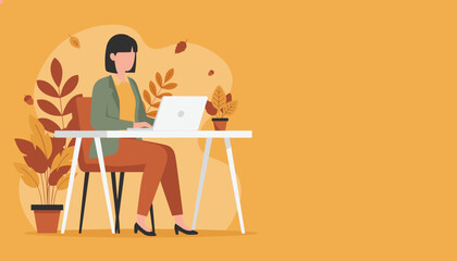 Woman working on laptop surrounded by fall plants on orange background Productivity concept