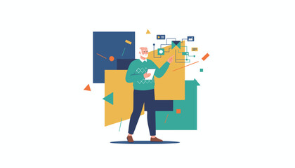 Senior professional analyzing digital workflow and strategy with complex diagram elements