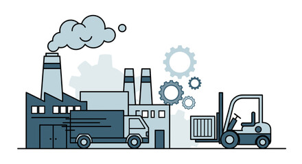 Industrial manufacturing and logistics illustration with factory delivery truck forklift and gears