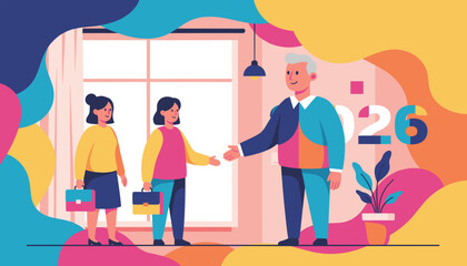 Professionals meet for a 2026 partnership handshake in a vibrant modern office illustration