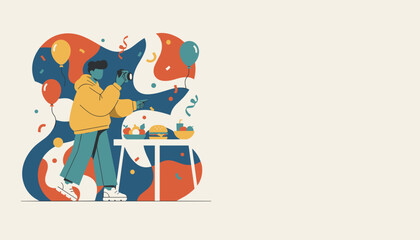Photographer capturing food and celebration at a festive party Modern vector art
