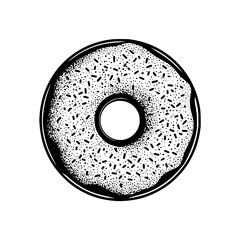 A black and white drawing of a donut with sprinkles and a hole in the middle on a white background