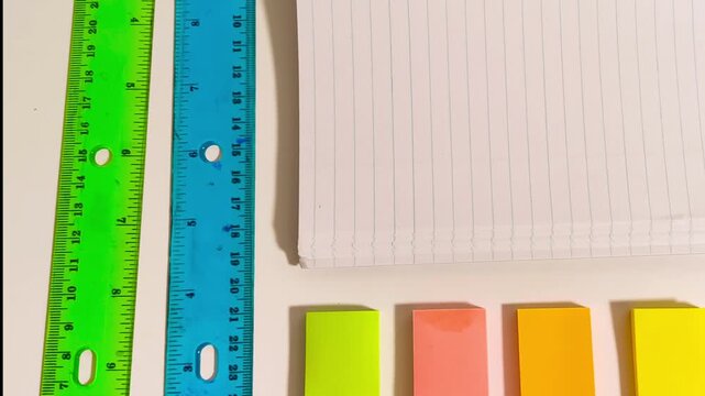 Back to school supplies with scissor, books, markers, colored pencil crayons, gel pens, ruler, sharpener, compass, calculator, notepad, stationery on table for education, student, children, learning