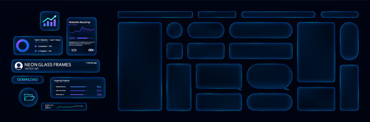 Neon glowing glass, UI frames. Realistic glass windows for interface and callouts. UI elements for Mobile App.  Different types glass frames with glow and shimmer. Vector neon graphic collection