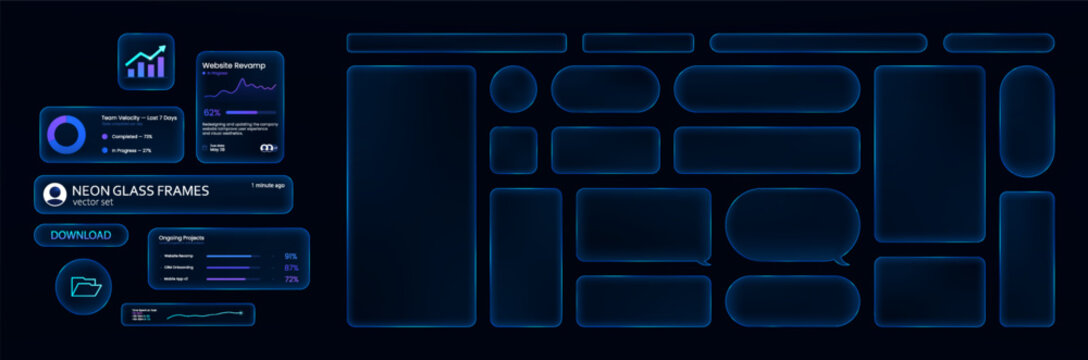 Neon glowing glass, UI frames. Realistic glass windows for interface and callouts. UI elements for Mobile App.  Different types glass frames with glow and shimmer. Vector neon graphic collection