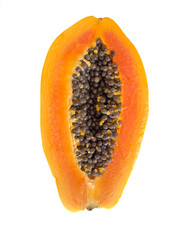 Papaya cut in half with the seeds. Tropical brazilian fruit with a transparent bottom.