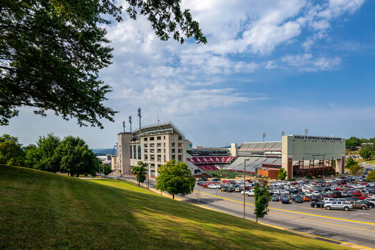 Fayetteville, Arkansas USA Aug. 16, 2015: Donald W. Reynolds Razorback Stadium. A panoramic view of Donald W. Reynolds Razorback Stadium bright sunny day