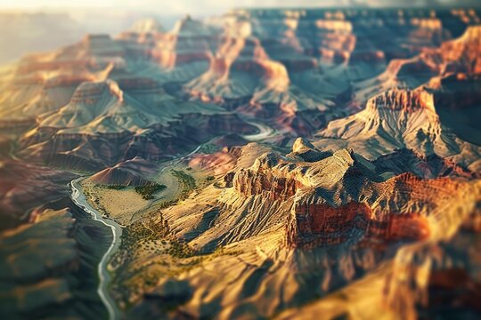 Aerial view of the colorado river winding through the colorful grand canyon during a breathtaking sunset