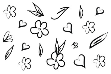 hand drawn floral doodles with hearts on white background, minimalist flower leaf sketch pattern, cute abstract black line art with flowers and hearts