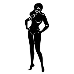 Silhouette of a nice lady, she is standing. The girl has a beautiful naked figure. The woman is a young sexy and slender model. Vector illustration.